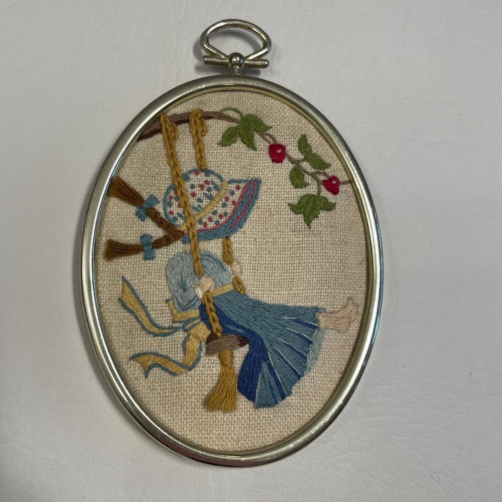 Vintage Hand Embroidered Framed Picture Girl Child Swing Cottage Mid Century MCM